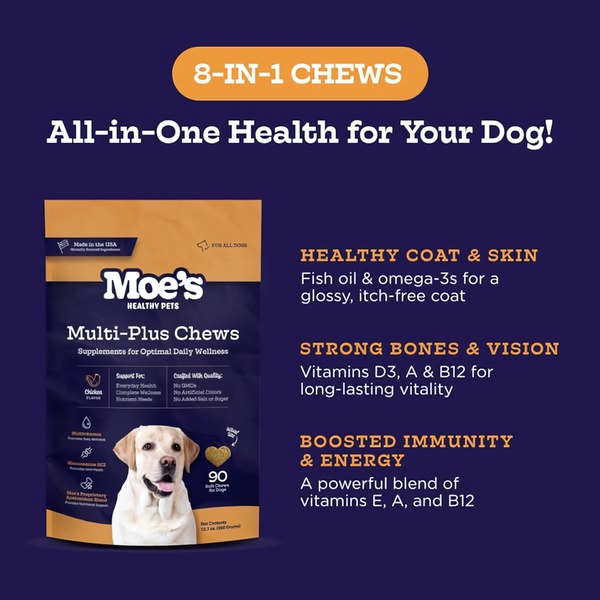 A square-format product showcase featuring 8-in-1 dog supplements with clear benefit call-outs for healthy skin, bones, and energy.